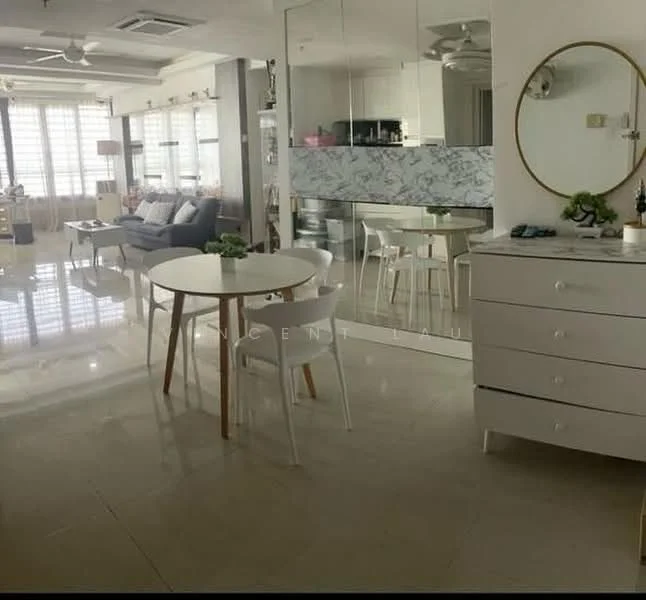 Living features: grey fabric sofa, round dining table with wooden legs, white dining chairs, marble backsplash, white dresser with drawers, large windows with sheer curtains, ceiling fan, recessed downlights, polished tile flooring, decorative mirror, houseplants in ceramic pots; style: modern; view: city.