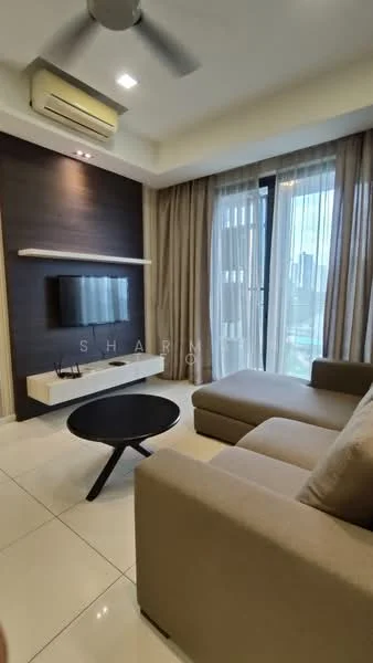 Living features: cream fabric L-shape sectional sofa, black round coffee table, wall-mounted TV, white floating TV console, floor-to-ceiling windows, sheer curtains, recessed downlights, 1 wall-mounted split AC, light-coloured tiled flooring, dark wood accent wall; style: modern; view: city.