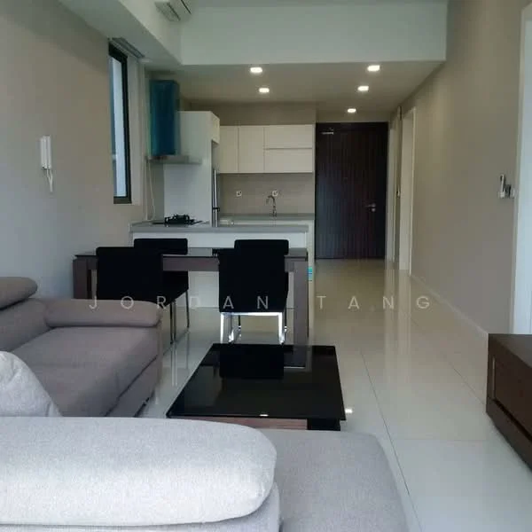 Living features: light grey fabric sofa, black coffee table, white walls, recessed downlights, floor-to-ceiling windows, white tile flooring, open-plan layout, kitchen area visible; style: modern. Kitchen features: white cabinetry, black countertop, built-in gas hob, stainless-steel sink, wall-mounted kitchen hood, open shelving, white tiled backsplash; style: modern.