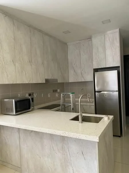 Kitchen features: white quartz countertop, single-bowl stainless-steel sink, chrome pull-down faucet, built-in microwave, stainless-steel fridge, ceramic tile flooring, light grey cabinetry with wood grain texture, recessed downlights, wall-mounted cabinets, kitchen island with seating space; style: modern.