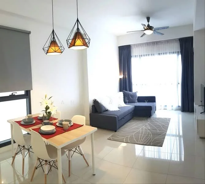 Living features: grey fabric sofa, white coffee table, area rug with geometric pattern, floor-to-ceiling windows, sheer curtains, dark blue curtains, ceiling fan with light, pendant lights, TV console, wall-mounted TV; style: modern. Dining features: 4-seater dining table, white dining chairs, red placemats, ceramic plates, cutlery, glassware; style: modern.