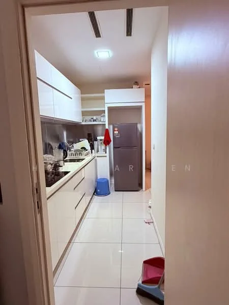 Kitchen features: white cabinetry, stainless-steel fridge, ceramic tile flooring, white countertop, built-in oven, sink, dish rack, open shelving, wall-mounted cabinets, recessed ceiling lights; style: modern.