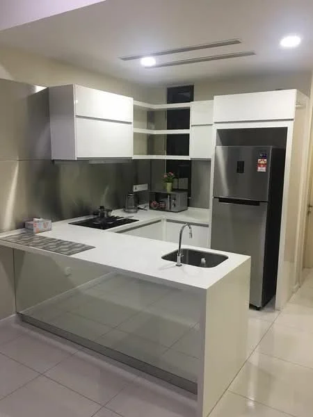 Kitchen features: white cabinetry, stainless-steel backsplash, white quartz countertop, single-bowl stainless-steel sink, chrome pull-down faucet, 4-burner gas hob, built-in oven, stainless-steel fridge, open shelving, recessed LED downlights, ceramic tile flooring, window for natural light; style: modern.