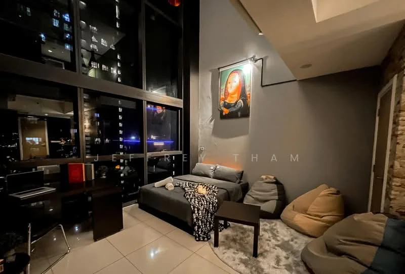 Living features: large floor-to-ceiling windows, grey fabric sofa, black coffee table, bean bags, stone accent wall, polished tile flooring, framed artwork on wall, decorative throw blanket; style: modern; view: city.