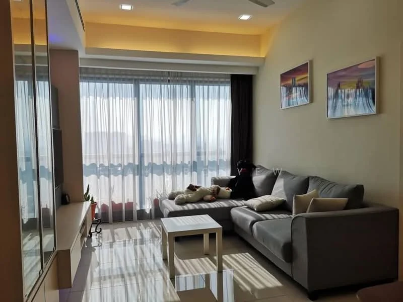 Living features: grey fabric sectional sofa, white coffee table, floor-to-ceiling windows, sheer curtains, recessed downlights, decorative wall art, polished tile flooring, TV console with storage; style: modern; view: city.