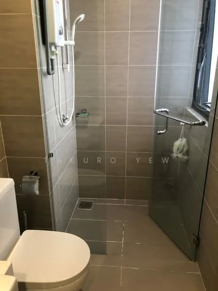 Bathroom features: grey tiled walls, light grey tiled flooring, walk-in shower with glass enclosure, rain shower head, handheld shower, chrome basin mixer faucet, one-piece toilet, toilet paper holder, shower caddy, window for natural light; style: modern.