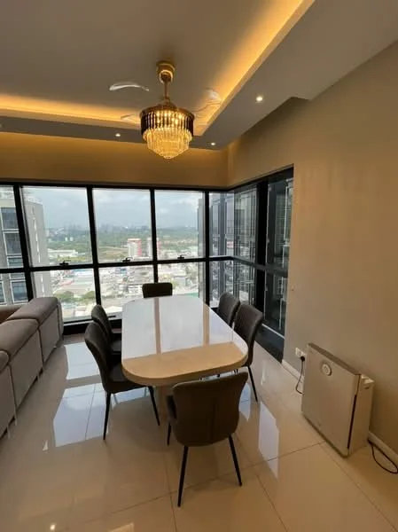 Dining features: oval marble dining table, 6 upholstered dining chairs in grey, chandelier with crystal accents, recessed ceiling lights, floor-to-ceiling windows, city view, white tiled flooring, air conditioning unit; style: modern; view: city.