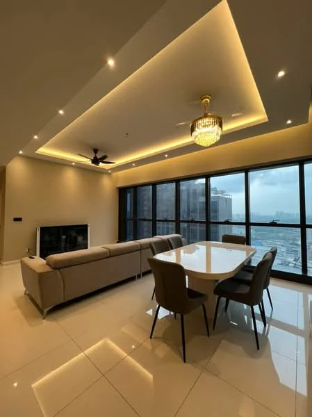 Living features: sofa in light grey fabric, 6-seater dining table, black dining chairs, floor-to-ceiling windows, city view, recessed LED downlights, chandelier, white walls, polished tile flooring, ceiling fan, TV console, wall-mounted TV; style: modern; view: city.