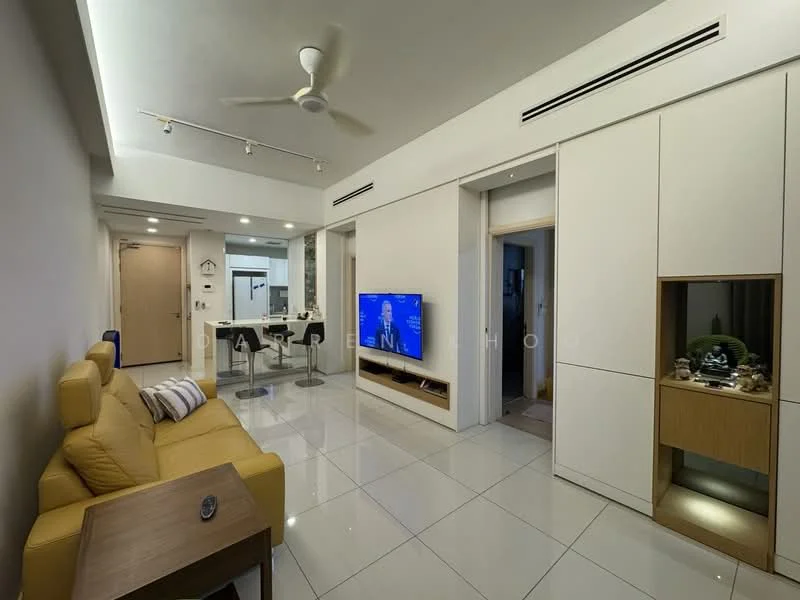 Living features: yellow leather sofa, coffee table, wall-mounted TV, white tiled flooring, recessed downlights, ceiling fan, built-in cabinetry, decorative display niche, neutral painted walls, open layout to dining area; style: modern.