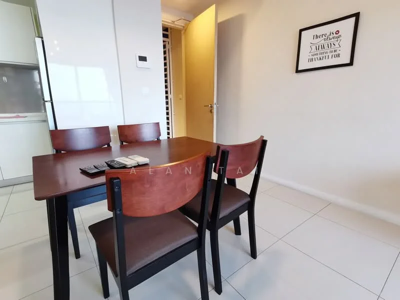 Dining features: wood dining table, 4 dining chairs, white walls, tile flooring, framed artwork on wall, light switch on wall, doorway leading to another room, window with natural light; style: modern.