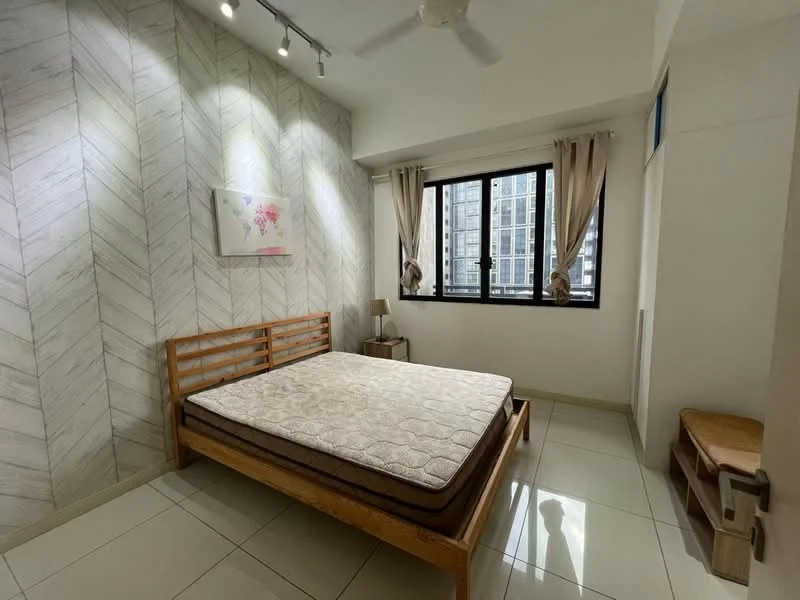 Bedroom features: queen-size bed, wooden bed frame, white painted walls, chevron patterned accent wall, floor-to-ceiling windows, sheer curtains, tile flooring, ceiling fan, decorative artwork, nightstand, lamp; style: modern; view: city.