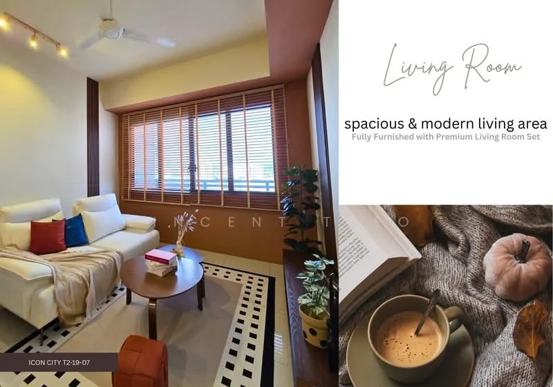 Living features: 2-seater white leather sofa, 1-seater white leather chair, wooden coffee table, decorative area rug with geometric pattern, floor-to-ceiling windows with wooden blinds, ceiling fan, wall-mounted artwork, decorative plants in pots, light-colored walls, wooden flooring, decorative throw pillows; style: modern; view: city.