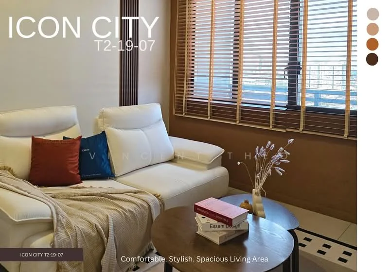 Living features: white leather sofa, round wooden coffee table, floor-to-ceiling windows, wooden blinds, cream painted walls, tile flooring, decorative vase with dried flowers, decorative book on table; style: modern; view: city.