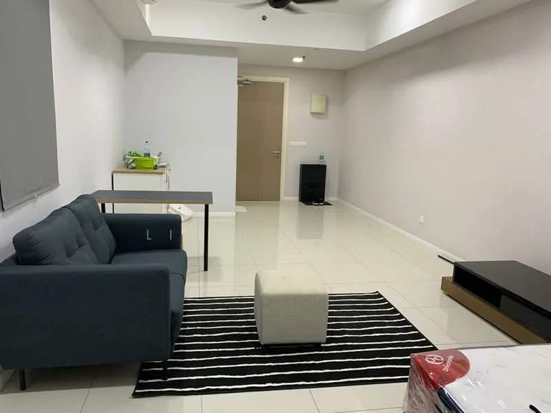 Living features: 3-seater fabric sofa in blue, coffee table, area rug with striped pattern, wall-mounted TV console, white painted walls, glossy tile flooring, ceiling fan, floor-to-ceiling window, light fixture on ceiling; style: modern.
