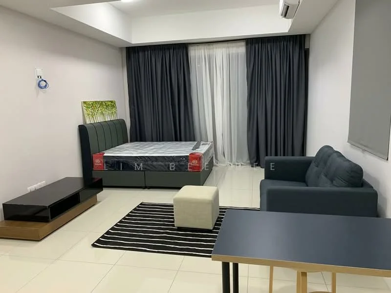 Living features: grey fabric sofa, black coffee table, white ottoman, queen-size bed with green upholstered headboard, floor-to-ceiling windows with sheer curtains, black and white striped area rug, recessed ceiling lights, white painted walls, glossy tile flooring, air conditioning unit on wall; style: modern.