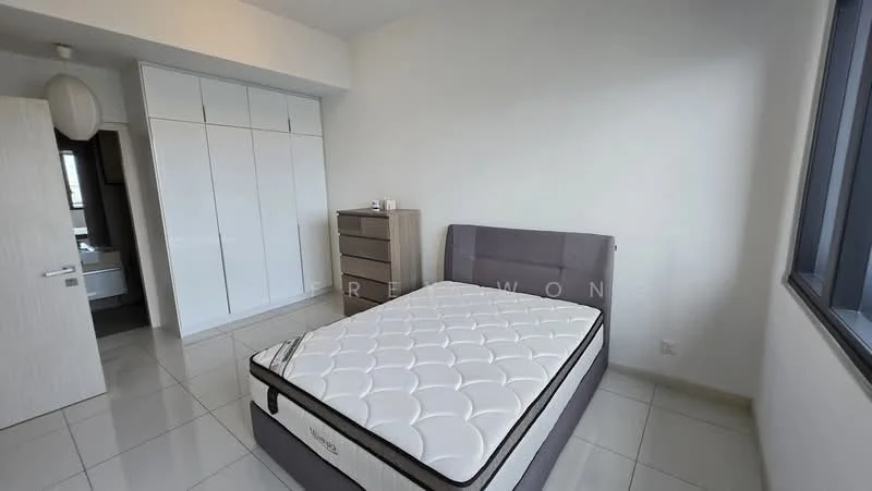 Bedroom features: queen-size bed, upholstered headboard, mattress on bed, built-in wardrobe with sliding doors, chest of drawers, white painted walls, tile flooring, floor-to-ceiling windows, natural light from window, minimalist decor; style: modern.