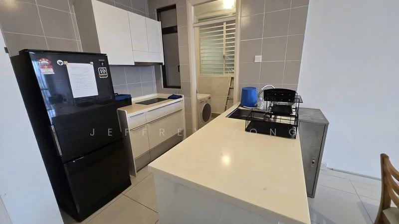 Kitchen features: black fridge, white cabinetry, white countertop, stainless-steel sink, chrome pull-down faucet, built-in oven, 4-burner gas hob, kitchen island, tile backsplash, grey tiled walls, white tiled flooring, window with frosted glass, laundry area visible; style: modern.