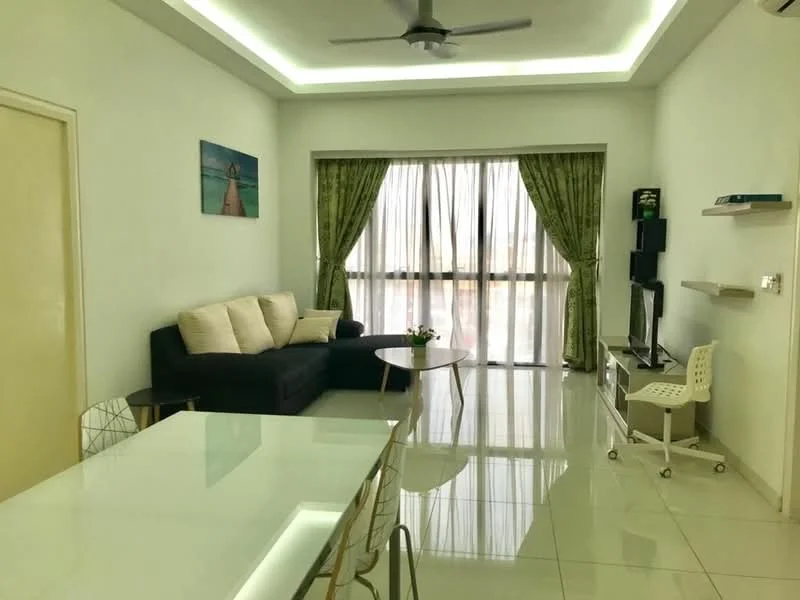 Living features: white painted walls, glossy tile flooring, 5-blade ceiling fan with light, floor-to-ceiling windows, sheer curtains, sofa in dark grey, coffee table, wall-mounted TV, TV console, decorative plant on table, area rug, decorative artwork on wall; style: modern; view: city. Dining features: glass dining table, metal dining chairs, minimalist design; style: modern.