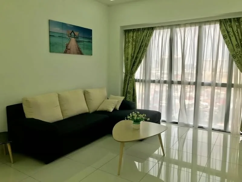Living features: black fabric sofa with cream cushions, round wooden coffee table, white painted walls, glossy white tile flooring, floor-to-ceiling windows, sheer curtains, decorative wall art, indoor plant on coffee table; style: modern; view: city.