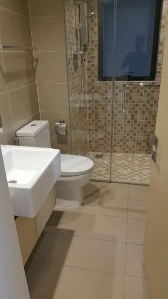 Bathroom features: single-sink vanity with wood cabinet, white ceramic sink, chrome basin mixer faucet, one-piece toilet, walk-in shower with glass enclosure, rain shower head, mosaic tile wall cladding, neutral tiled flooring, mirror above vanity, towel holder, shower niche; style: modern.