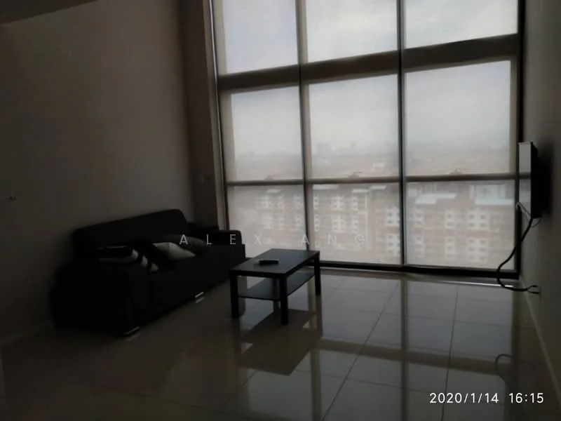 Living features: large floor-to-ceiling windows, grey fabric sofa, black coffee table, white walls, glossy tile flooring, wall-mounted TV, city view, minimalist decor; style: modern; view: city.