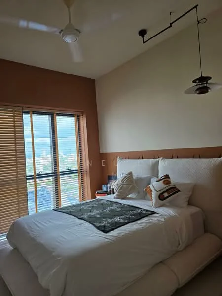 Bedroom features: queen-size bed with white bedding, upholstered headboard, decorative throw pillow, bedside table, table lamp, floor-to-ceiling windows with wooden blinds, view of city skyline, ceiling fan, pendant light fixture, accent wall in terracotta color; style: modern; view: city.