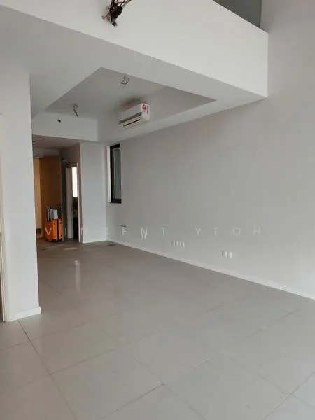 Room features: white painted walls, tile flooring, exposed ceiling with recessed lighting, wall-mounted split AC, large window, open layout, neutral color scheme; style: modern.