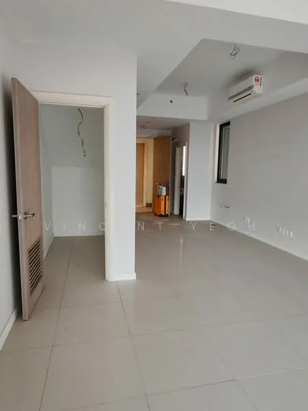 Room features: white painted walls, tile flooring, 1 wall-mounted split AC, door with vent, large windows, neutral color scheme, open layout, ceiling with recessed lighting; style: modern.