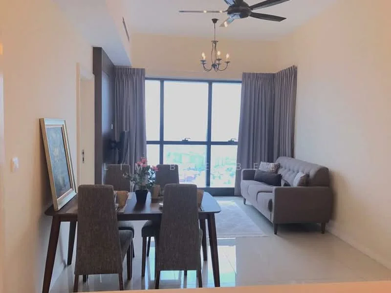 Living features: 3-seater fabric sofa in grey, dining table with 4 upholstered chairs, chandelier light fixture, ceiling fan, floor-to-ceiling windows, sheer curtains, area rug, decorative wall art; style: modern; view: city.