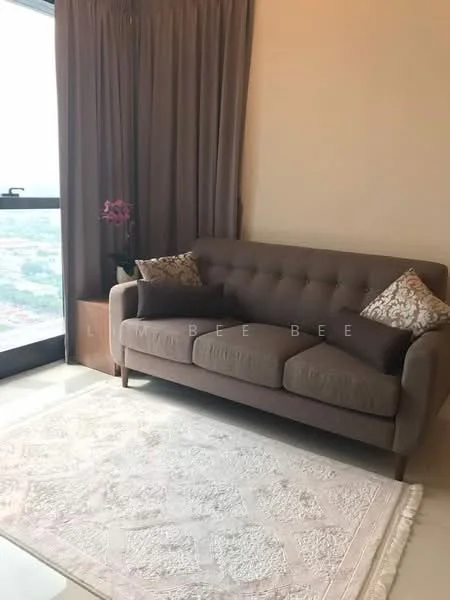 Living features: 3-seater fabric sofa in brown, decorative cushions, area rug with intricate pattern, floor-to-ceiling window, curtains in beige, side table, indoor plant, city view; style: modern; view: city.