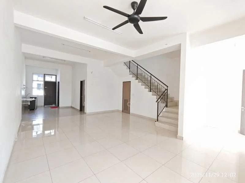 Living features: white painted walls, glossy ceramic tile flooring, 5-blade ceiling fan, staircase with metal railing, large windows for natural light, open layout, door leading to another room, door leading outside; style: modern. Kitchen features: kitchen area visible, countertop, cabinets, appliances not visible.