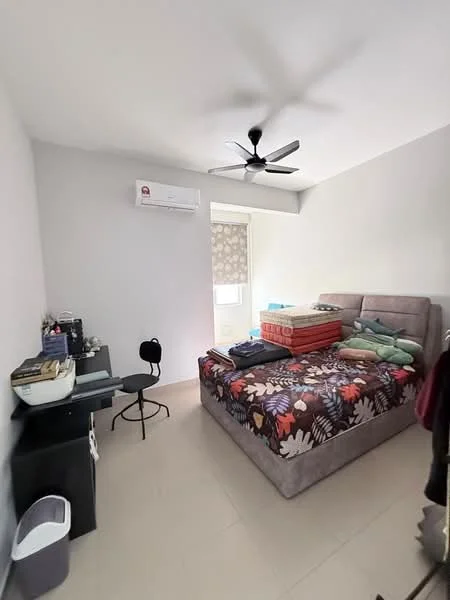 Bedroom features: king-size bed with floral bedding, upholstered headboard, 2 bedside pillows, ceiling fan with light, wall-mounted split AC unit, window with sheer curtains, light-colored walls, tile flooring, black chair, small side table, waste bin; style: modern.
