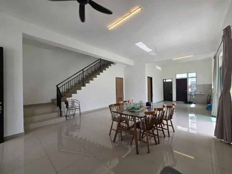 Living features: white painted walls, glossy ceramic tile flooring, 5-blade ceiling fan, large windows with sheer curtains, dining table with wooden chairs, staircase with metal railing, open layout, natural light from skylight; style: modern.