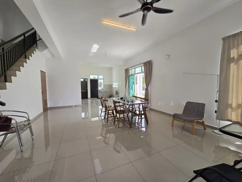 Living features: large floor-to-ceiling windows, white painted walls, polished ceramic tile flooring, 5-blade ceiling fan, dining table with chairs, wooden dining chairs, grey upholstered armchair, open layout, natural light from windows, curtains, staircase visible in background; style: modern.