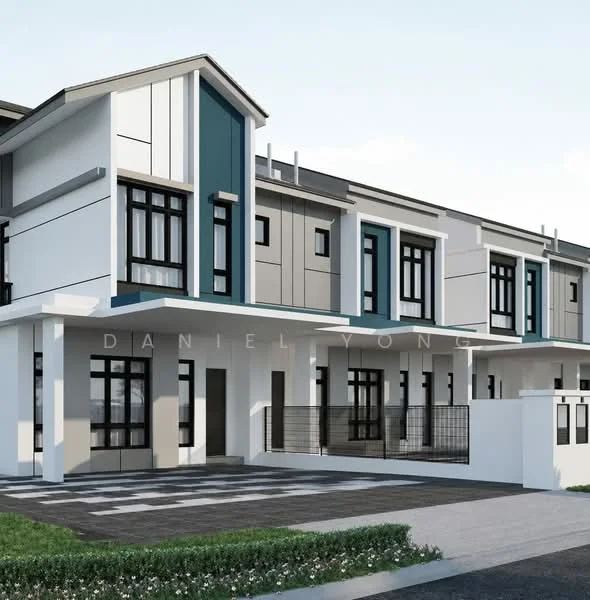 Exterior type: linked terrace house; features: two-storey building, white painted facade, grey accent panels, flat roof, large windows with black frames, paved driveway, manicured front lawn, fenced front yard, modern architectural design, porch area, sidewalk, contemporary entrance; style: modern.