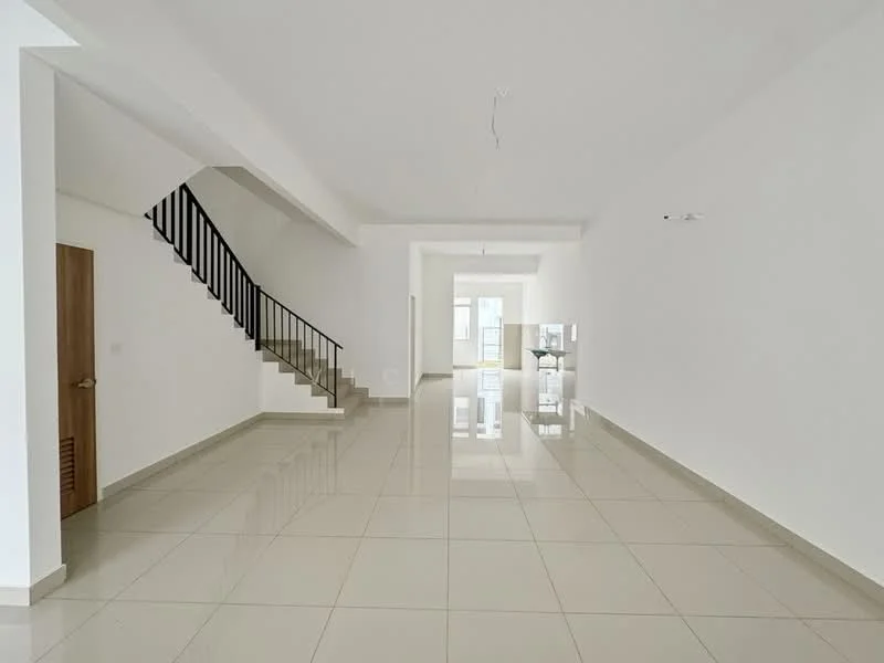 Living features: white painted walls, glossy ceramic tile flooring, open layout, large windows for natural light, staircase with black railing, recessed ceiling lights, neutral color scheme, high ceiling; style: modern.