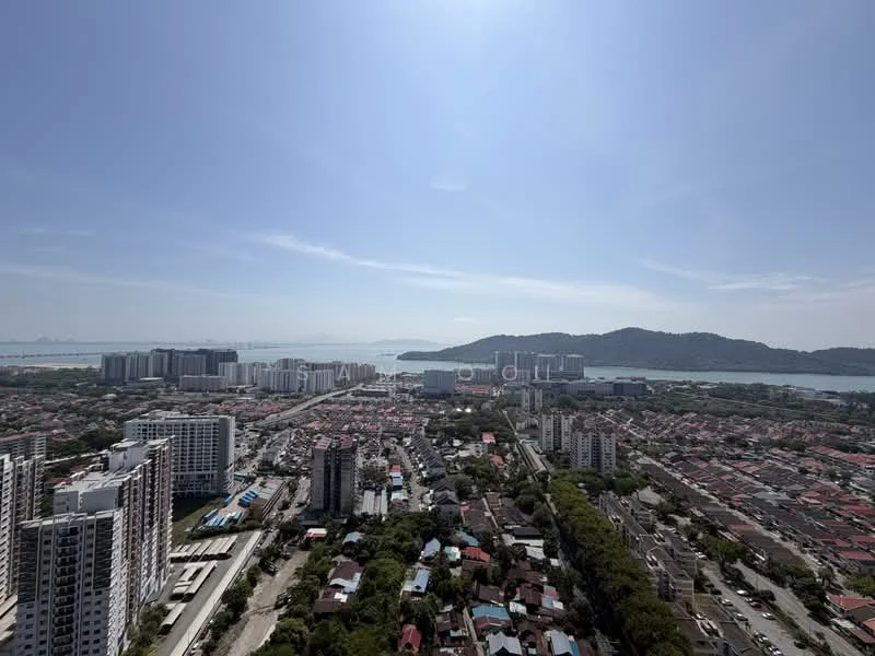 Exterior type: high-rise condominium; features: city skyline view, surrounded by residential buildings, waterfront view, hills in the background, urban landscape, mixed-use development, greenery visible in the foreground; style: modern.