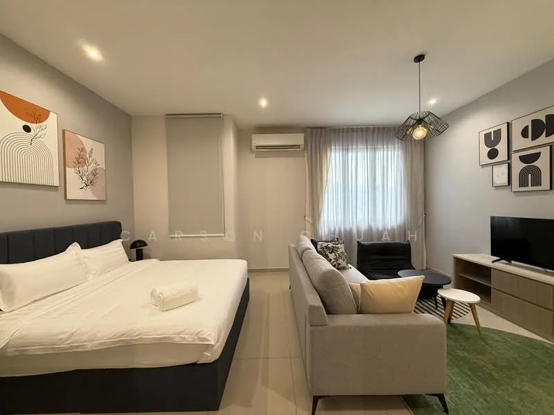 Living features: king-size bed with white bedding, grey fabric sofa, black coffee table, wall-mounted TV, wooden TV console, green area rug, floor-to-ceiling window with sheer curtains, wall art with abstract designs, 1 wall-mounted split AC, light fixture with pendant design, cream painted walls, glossy tile flooring; style: modern.