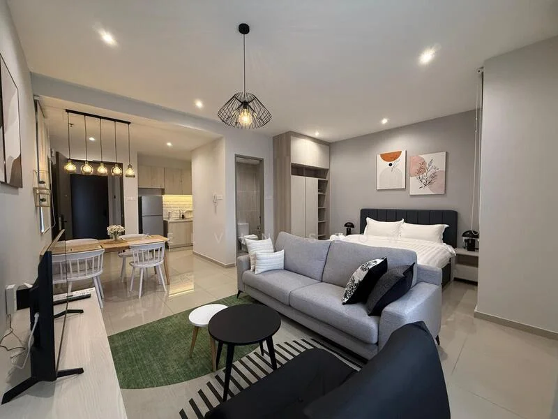 Living features: 3-seater fabric sofa in light grey, black accent pillows, round black coffee table, area rug with geometric pattern, wall-mounted TV, TV console, pendant light fixture, recessed downlights, decorative wall art, open shelving unit, floor-to-ceiling windows, sliding glass door, dining area with 4-seater table; style: modern. Dining features: 4-seater dining table, white wooden chairs, pendant lighting above table; style: modern. Bedroom features: queen-size bed with white bedding, upholstered headboard, built-in wardrobe, decorative wall art; style: modern.