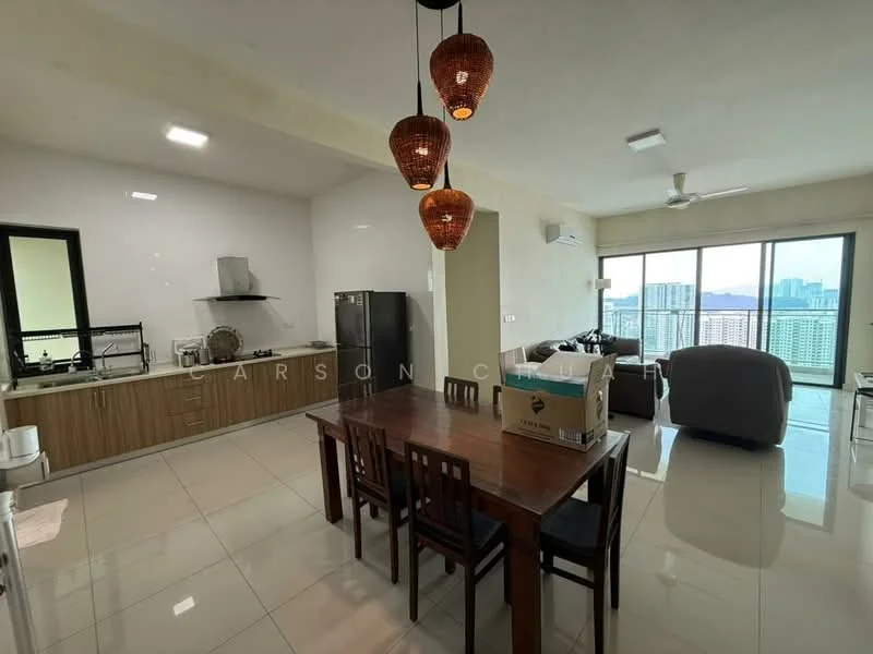 Kitchen features: white cabinets, stainless-steel sink, chrome pull-down faucet, built-in oven, freestanding fridge, ceramic tile flooring, recessed downlights; style: modern; view: city. Dining features: 6-seater wooden dining table, wooden dining chairs, pendant lighting, ceramic tile flooring; style: modern; view: city. Living features: 2-seater fabric sofa in grey, coffee table, floor-to-ceiling windows, ceiling fan, ceramic tile flooring; style: modern; view: city.