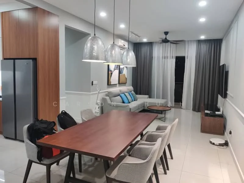Dining features: 6-seater dining table, upholstered dining chairs, pendant lighting with silver shades, wooden dining table, floor-to-ceiling windows, grey curtains, white walls, polished tile flooring; style: modern. Living features: 3-seater fabric sofa in light grey, coffee table, wall-mounted TV, ceiling fan, decorative artwork on wall, light grey curtains, white walls, polished tile flooring; style: modern.