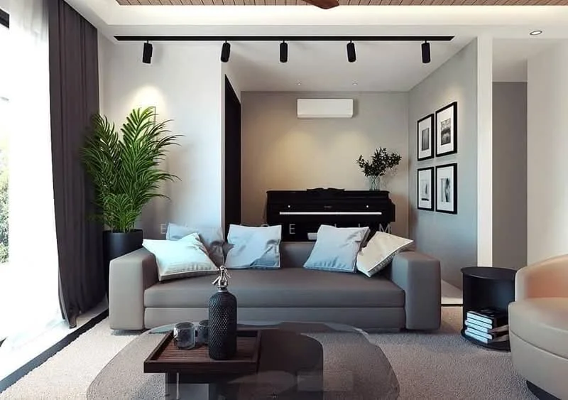 Living features: 3-seater fabric sofa in grey, decorative cushions, coffee table, area rug, floor-to-ceiling windows, curtains, potted plant, wall-mounted air conditioning unit, framed artwork on walls, ceiling with recessed lighting, track lighting, wooden ceiling, black piano; style: modern; view: garden.