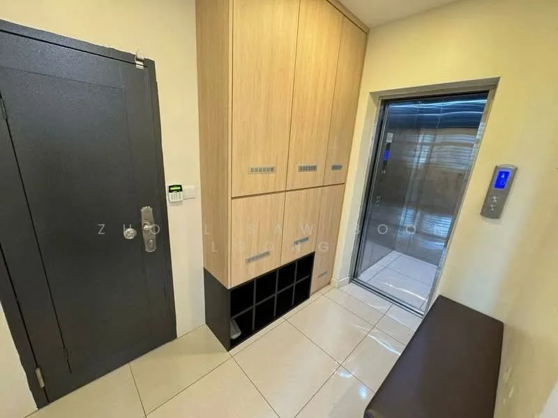 Room features: grey metal door, wooden cabinetry with light wood finish, black storage cubby, elevator access, white tiled flooring, wall-mounted intercom, light switch, bench seating; style: modern.