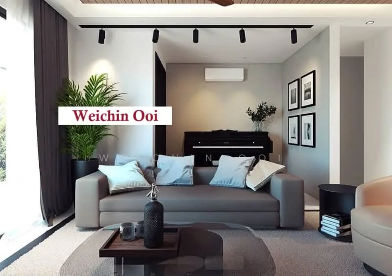 Living features: 3-seater fabric sofa in grey, decorative cushions, coffee table, potted plant, wall-mounted piano, framed artwork on walls, recessed downlights, floor-to-ceiling windows with sheer curtains, wooden flooring, ceiling fan with light; style: modern; view: garden.