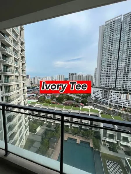 Balcony features: glass railing, floor tiles, view of swimming pool, view of landscaped garden, view of city skyline, attached to living room; style: modern; view: city.