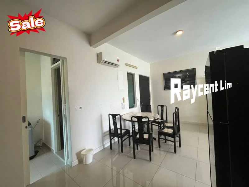 Dining features: white painted walls, glossy tile flooring, ceiling light, dining table for six, black dining chairs, air conditioning unit, window with black frame, wall-mounted TV; style: modern. Room features: doorway leading to another room, trash bin.