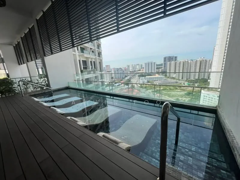 Room features: glass railing, wooden decking, infinity edge pool, outdoor lounge chairs, city skyline view, sea view, sliding glass doors, horizontal slatted window shades; style: modern; view: city.