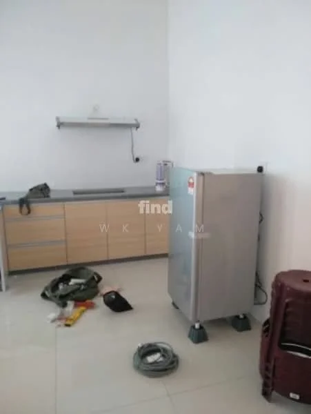 Kitchen features: light wood cabinetry, grey countertop, stainless-steel fridge, wall-mounted shelf, white walls, glossy tile flooring, kitchen appliances, various items on the floor; style: modern.