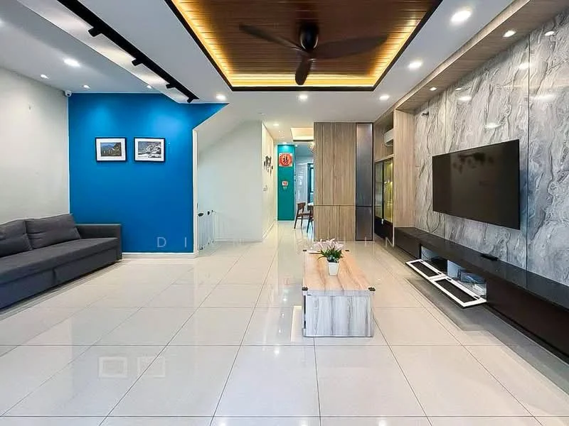 Living features: grey fabric sofa, white coffee table, wall-mounted TV, marble feature wall, blue accent wall, recessed ceiling lights, ceiling fan, glossy tile flooring, decorative plants, framed artwork on wall; style: modern.