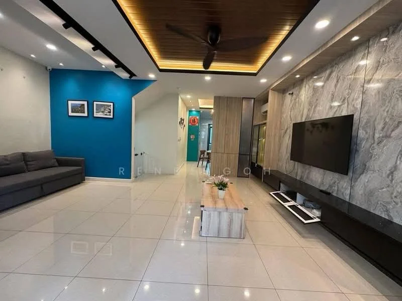 Living features: grey fabric sofa, wooden coffee table, wall-mounted TV, marble feature wall, white tiled flooring, recessed LED downlights, ceiling fan, blue accent wall, framed artwork on walls, built-in cabinetry, decorative wall paneling; style: modern.